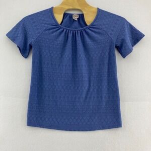 Como Vintage Eyelet Top Short‎ Sleeve Blouse Casual Blue Shirt Size M Stretchy